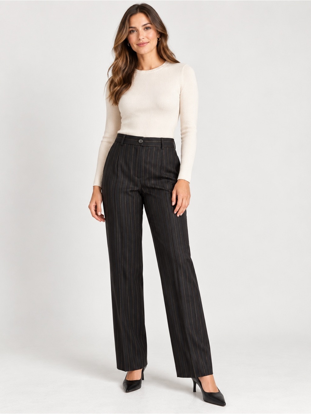 Armani Collezioni Women’s Wool Pinstripe Trousers Size 10 Black Straight Leg